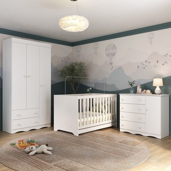 Quarto de Bebê Completo com Berço Americano 3 em 1 Realeza Multimóveis MP4591 Branco
