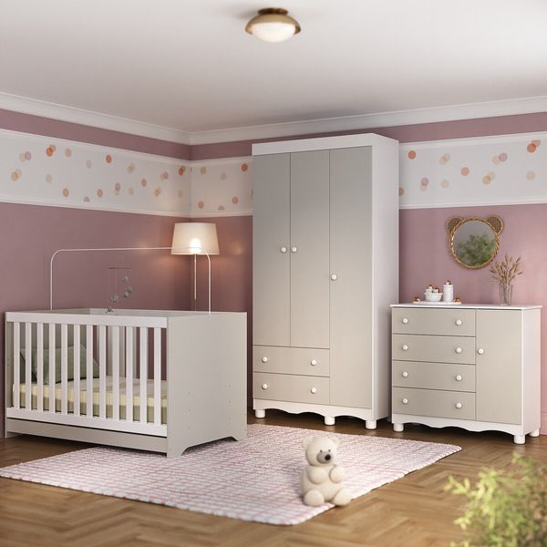 Quarto de Bebê Completo com Berço Americano 3 em 1 Dengo Multimóveis MP4592 Branco/Off White