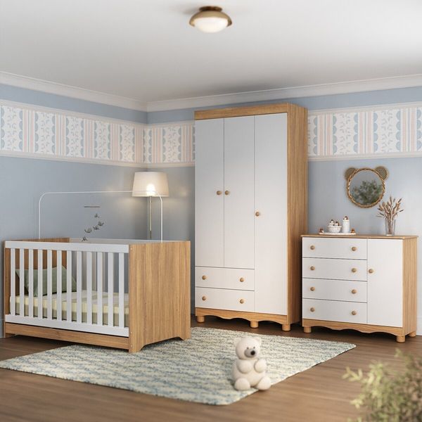 Quarto de Bebê Completo com Berço Americano 3 em 1 Dengo Multimóveis MP4592 Madeirado/Branco