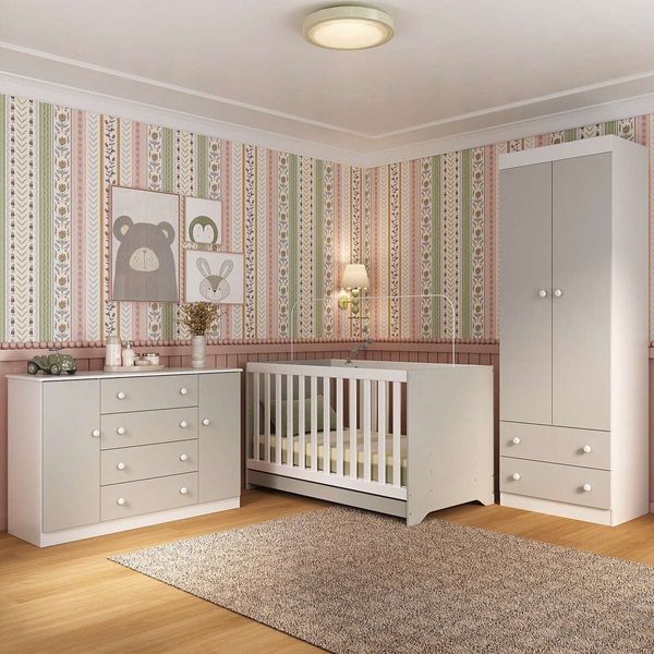 Quarto de Bebê Completo com Berço Americano 3 em 1 Encanto Multimóveis MP4593 Branco/Off White