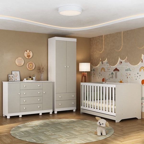 Quarto de Bebê Completo com Berço Americano 3 em 1 Allegra Multimóveis MP4594 Branco/Off White