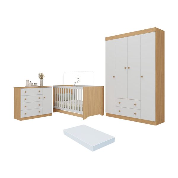 Quarto de Bebê Completo Berço Americano 3 em 1 Colchão Encanto Multimóveis MP4597 Madeirado/Branco