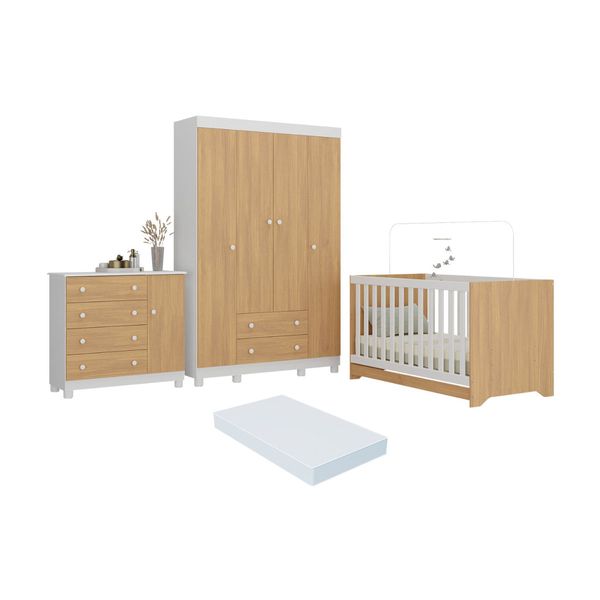 Quarto de Bebê Completo Berço Americano 3 em 1 Colchão Allegra Multimóveis MP4598 Branco/Madeirado