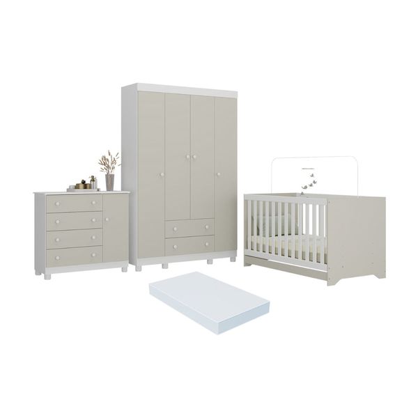 Quarto de Bebê Completo Berço Americano 3 em 1 Colchão Allegra Multimóveis MP4598 Branco/Off White