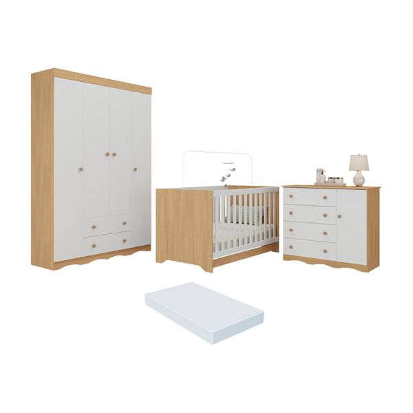Quarto de Bebê Completo Berço Americano 3 em 1 Colchão Realeza Multimóveis MP4599 Madeirado/Branco