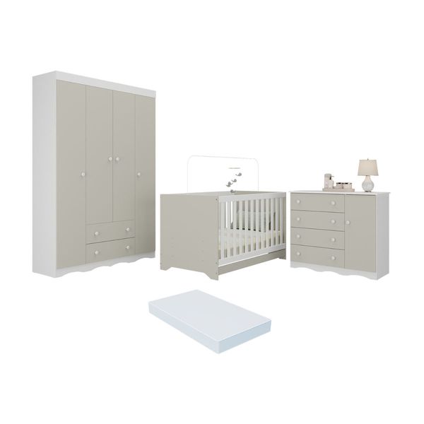 Quarto de Bebê Completo Berço Americano 3 em 1 Colchão Realeza Multimóveis MP4599 Branco/Off White