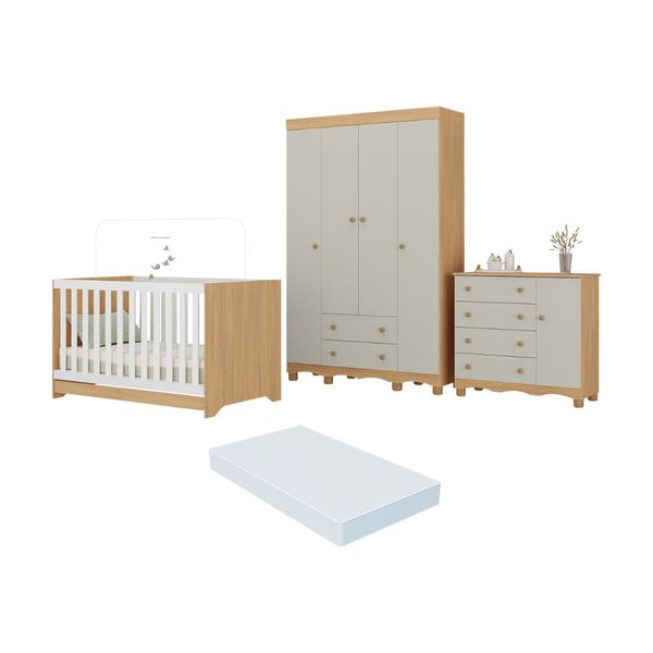 Quarto de Bebê Completo Berço Americano 3 em 1 Colchão Dengo Multimóveis MP4600 Madeirado/Off White