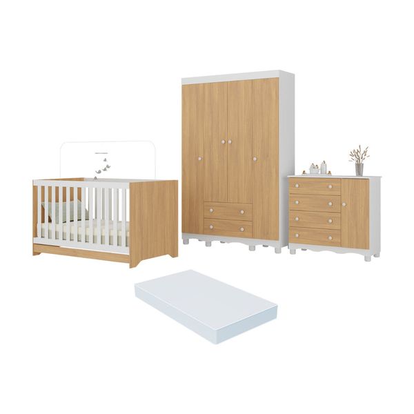 Quarto de Bebê Completo Berço Americano 3 em 1 Colchão Dengo Multimóveis MP4600 Branco/Madeirado