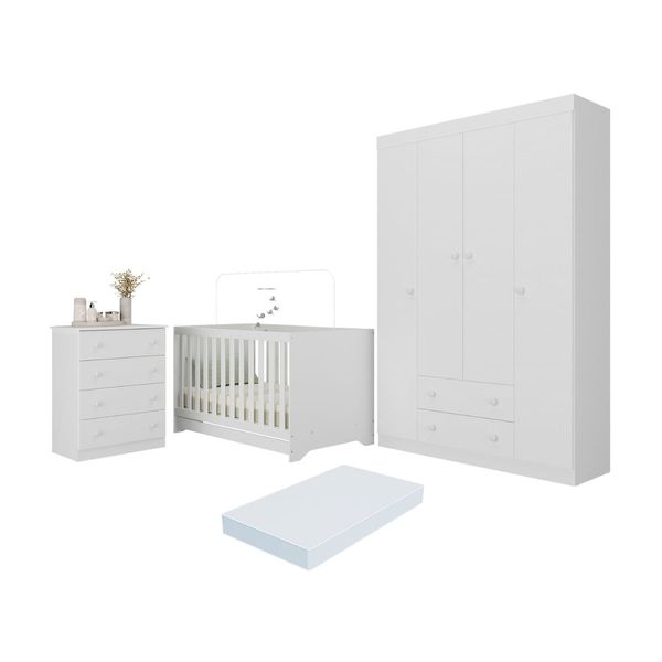 Quarto de Bebê Completo Berço Americano 3 em 1 Colchão Encanto Multimóveis MP4601 Branco