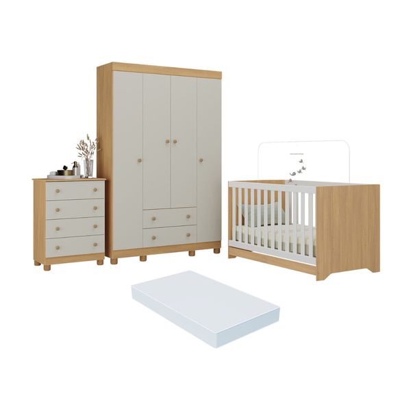 Quarto de Bebê Completo Berço Americano 3x1 Colchão Allegra Multimóveis MP4602 Madeirado/Off White