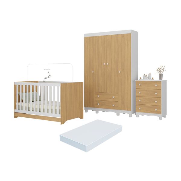 Quarto de Bebê Completo Berço Americano 3 em 1 Colchão Dengo Multimóveis MP4604 Branco/Madeirado