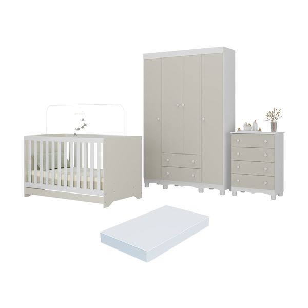 Quarto de Bebê Completo Berço Americano 3 em 1 Colchão Dengo Multimóveis MP4604 Branco/Off White