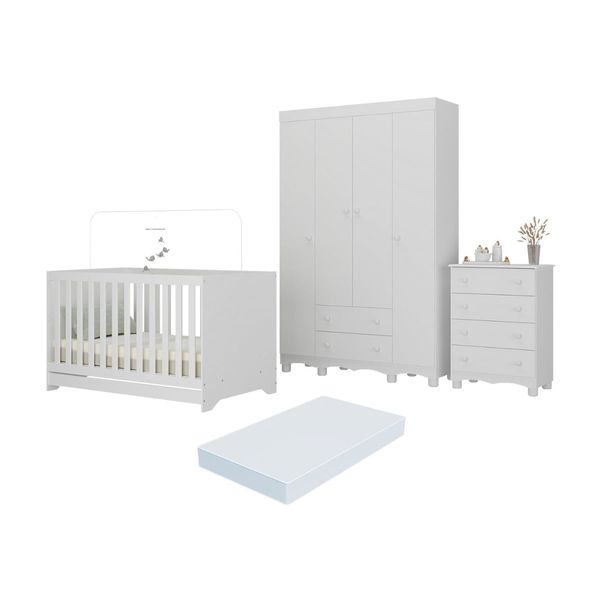 Quarto de Bebê Completo Berço Americano 3 em 1 Colchão Dengo Multimóveis MP4604 Branco