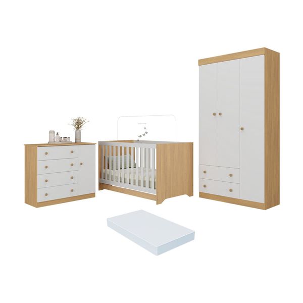 Quarto de Bebê Completo Berço Americano 3 em 1 Colchão Encanto Multimóveis MP4605 Madeirado/Branco