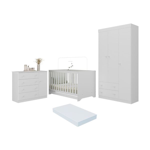 Quarto de Bebê Completo Berço Americano 3 em 1 Colchão Encanto Multimóveis MP4605 Branco