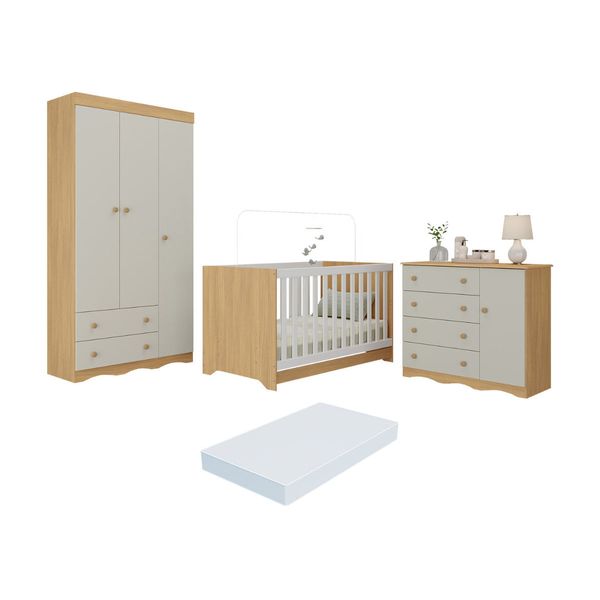 Quarto de Bebê Completo Berço Americano 3x1 Colchão Realeza Multimóveis MP4607 Madeirado/Off White