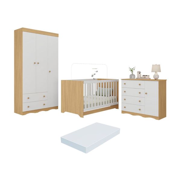 Quarto de Bebê Completo Berço Americano 3 em 1 Colchão Realeza Multimóveis MP4607 Madeirado/Branco