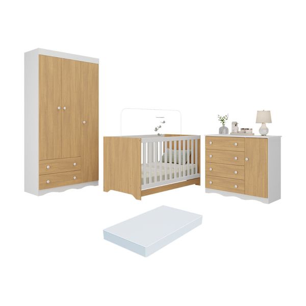 Quarto de Bebê Completo Berço Americano 3 em 1 Colchão Realeza Multimóveis MP4607 Branco/Madeirado