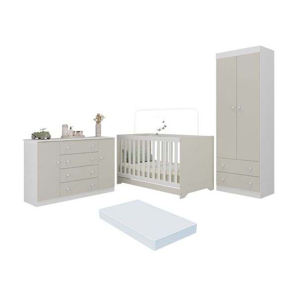 Quarto de Bebê Completo Berço Americano 3 em 1 Colchão Encanto Multimóveis MP4609 Branco/Off White