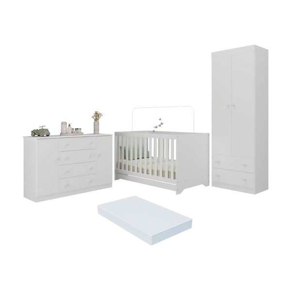 Quarto de Bebê Completo Berço Americano 3 em 1 Colchão Encanto Multimóveis MP4609 Branco