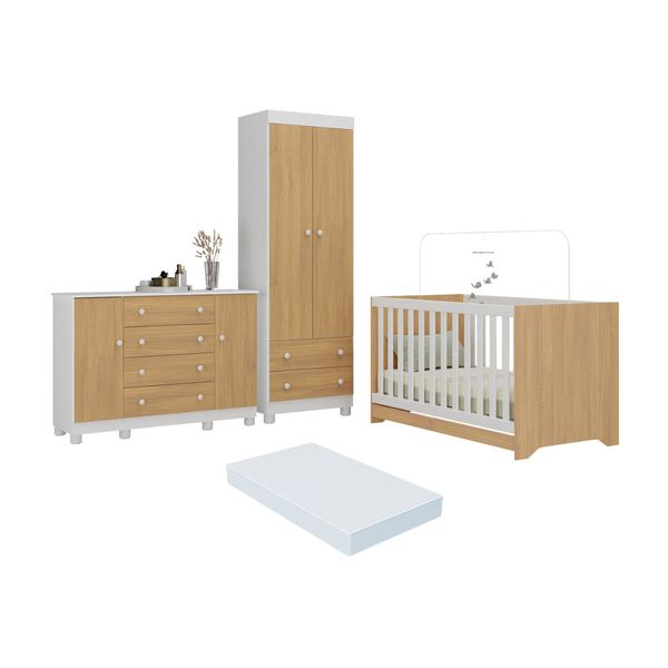 Quarto de Bebê Completo Berço Americano 3 em 1 Colchão Allegra Multimóveis MP4610 Branco/Madeirado