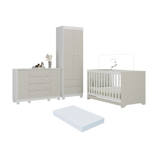 Quarto de Bebê Completo Berço Americano 3 em 1 Colchão Allegra Multimóveis MP4610 Branco/Off White