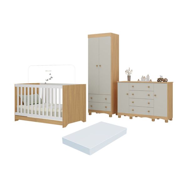 Quarto de Bebê Completo Berço Americano 3 em 1 Colchão Dengo Multimóveis MP4612 Madeirado/Off White