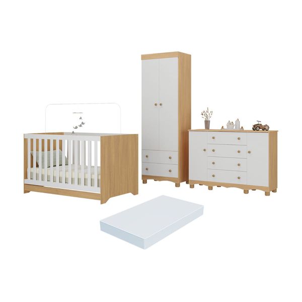 Quarto de Bebê Completo Berço Americano 3 em 1 Colchão Dengo Multimóveis MP4612 Madeirado/Branco