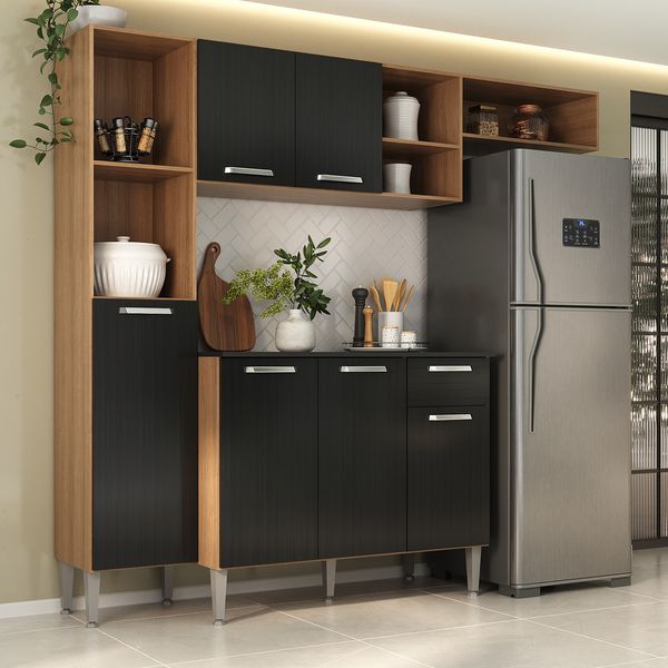 Armário de Cozinha Compacta Smart Multimóveis MP2359 Madeirado/Preto