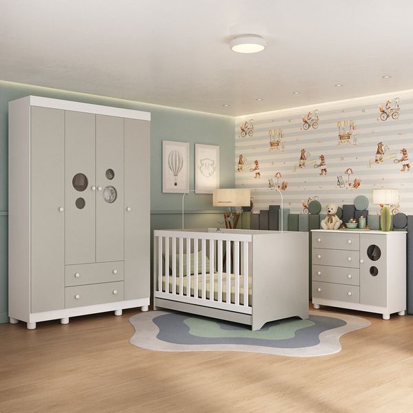 Quarto de Bebê Completo com Berço Americano 3 em 1 Bombom Multimóveis MP4614 Branco/Off White