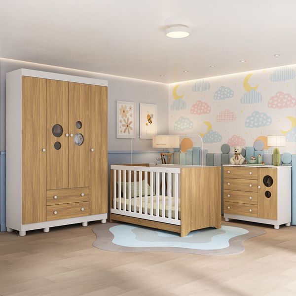 Quarto de Bebê Completo com Berço Americano 3 em 1 Bombom Multimóveis MP4614 Branco/Madeirado