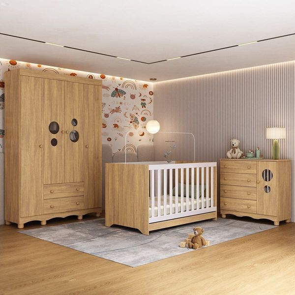 Quarto de Bebê Completo com Berço Americano 3 em 1 Suspiro Multimóveis MP4616 Madeirado