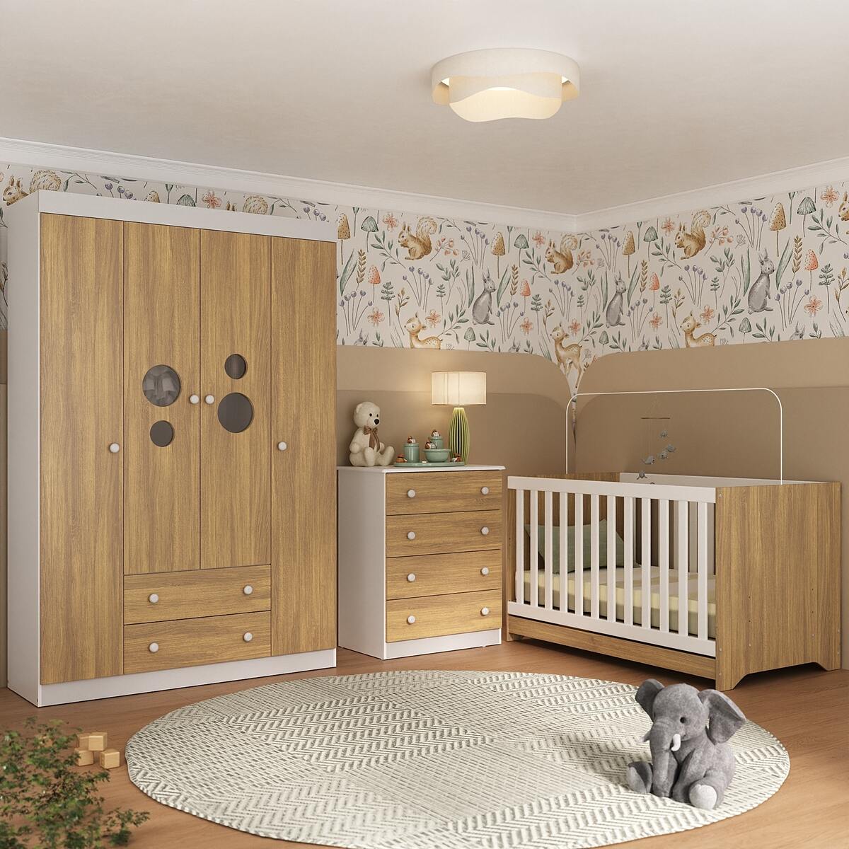 Quarto de Bebê Completo com Berço 3 em 1 para Colchão 130x60cm