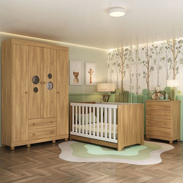 Quarto de Bebê Completo com Berço Americano 3 em 1 Bombom Multimóveis MP4618 Madeirado