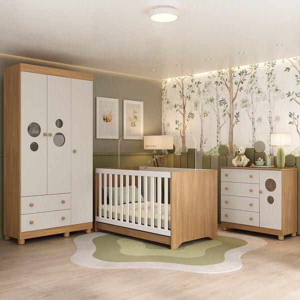 Quarto de Bebê Completo com Berço Americano 3 em 1 Bombom Multimóveis MP4622 Madeirado/Off White