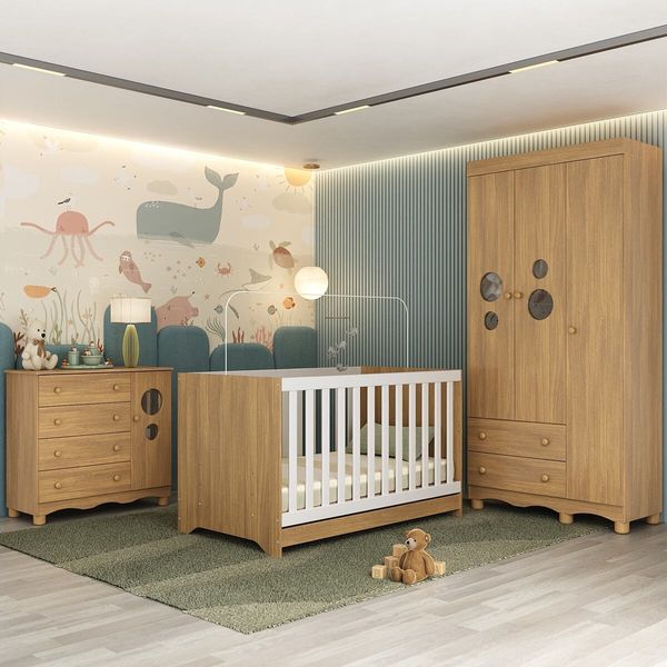 Quarto de Bebê Completo com Berço Americano 3 em 1 Suspiro Multimóveis MP4624 Madeirado