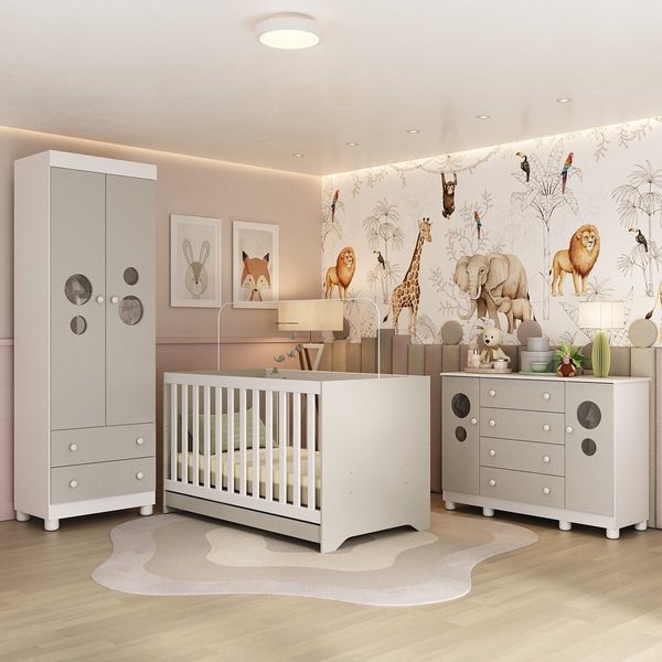 Quarto de Bebê Completo com Berço Americano 3 em 1 Bombom Multimóveis MP4626 Branco/Off White