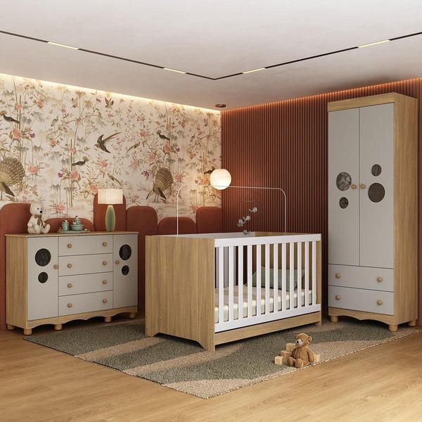 Quarto de Bebê Completo com Berço Americano 3 em 1 Suspiro Multimóveis MP4628 Madeirado/Off White