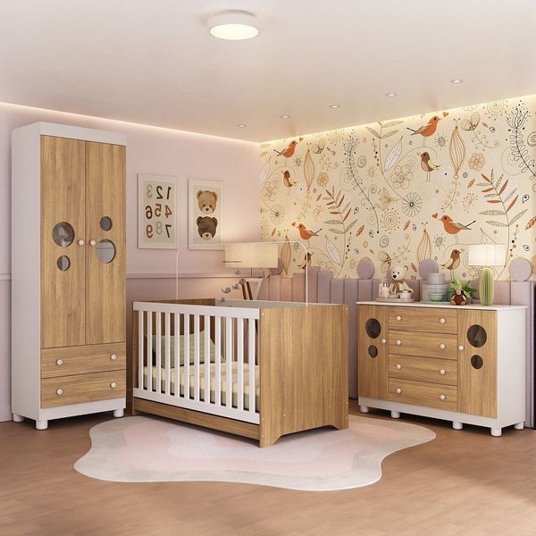 Quarto de Bebê Completo com Berço Americano 3 em 1 Bombom Multimóveis MP4626 Branco/Madeirado