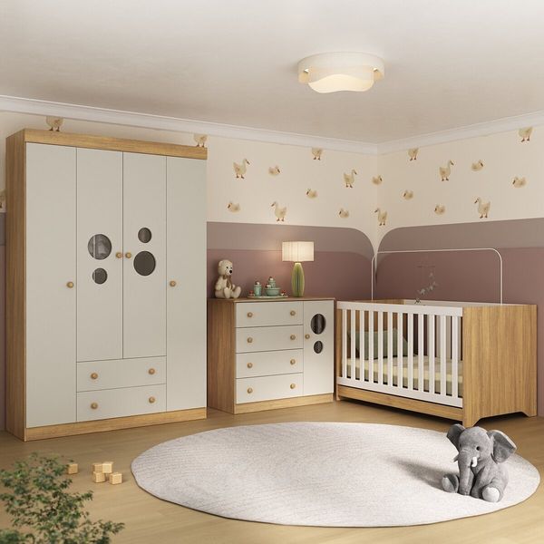 Quarto de Bebê Completo Berço Americano 3x1 Colchão Pirulito Multimóveis MP4629 Madeirado/Off White