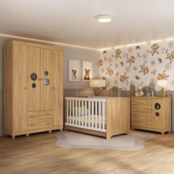 Quarto de Bebê Completo Berço Americano 3 em 1 Colchão Bombom Multimóveis MP4630 Madeirado