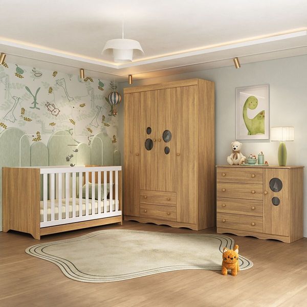 Quarto de Bebê Completo Berço Americano 3 em 1 Colchão Sonho Multimóveis MP4631 Madeirado