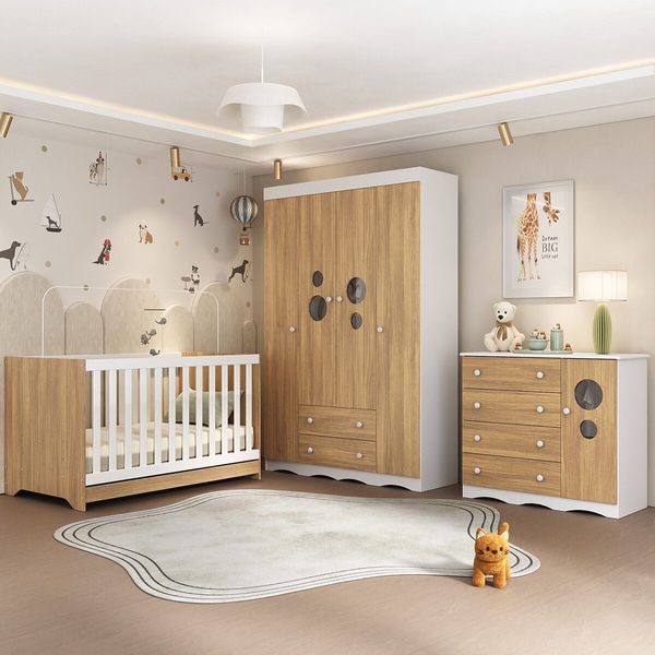 Quarto de Bebê Completo Berço Americano 3 em 1 Colchão Sonho Multimóveis MP4631 Branco/Madeirado