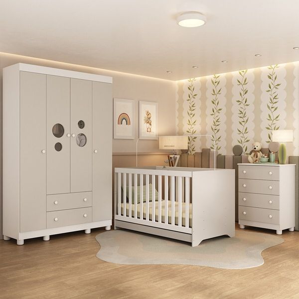 Quarto de Bebê Completo Berço Americano 3 em 1 Colchão Bombom Multimóveis MP4634 Branco/Off White