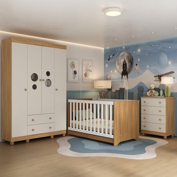 Quarto de Bebê Completo Berço Americano 3 em 1 Colchão Bombom Multimóveis MP4634 Madeirado/Off White