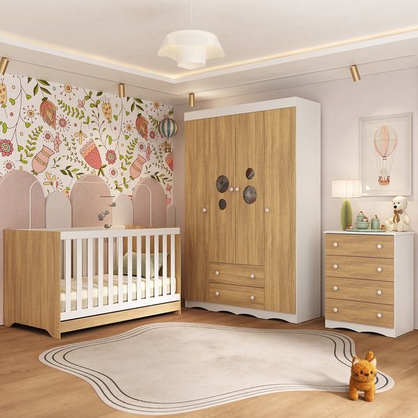 Quarto de Bebê Completo Berço Americano 3 em 1 Colchão Sonho Multimóveis MP4635 Branco/Madeirado