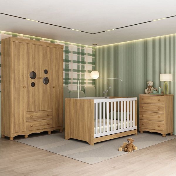 Quarto de Bebê Completo Berço Americano 3 em 1 Colchão Suspiro Multimóveis MP4636 Madeirado