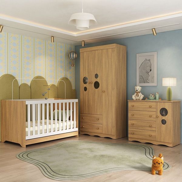 Quarto de Bebê Completo Berço Americano 3 em 1 Colchão Sonho Multimóveis MP4639 Madeirado