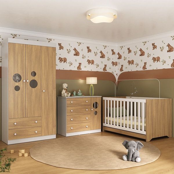 Quarto de Bebê Completo Berço Americano 3 em 1 Colchão Pirulito Multimóveis MP4637 Branco/Madeirado