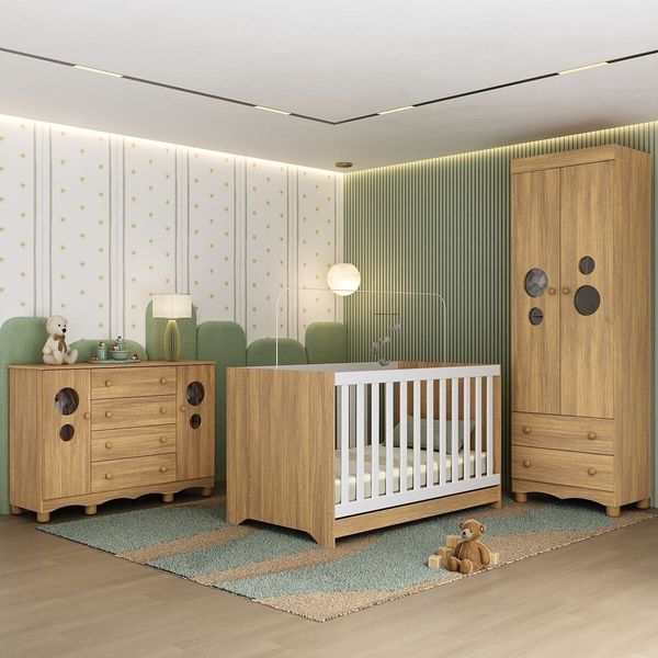 Quarto de Bebê Completo Berço Americano 3 em 1 Colchão Suspiro Multimóveis MP4676 Madeirado